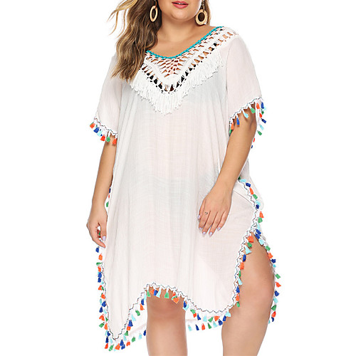 

Women's A Line Dress Knee Length Dress White Black Half Sleeve Solid Color Backless Tassel Fringe Patchwork Summer V Neck Casual Loose 2021 XL XXL 3XL / Cotton / Cotton / Print