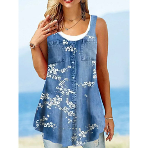 

Women's Floral Theme Tank Top Vest Floral Graphic Print U Neck Basic Streetwear Tops Blue