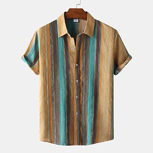 

Men's Shirt Striped Button-Down Short Sleeve Street Tops Casual Hawaiian Comfortable Yellow