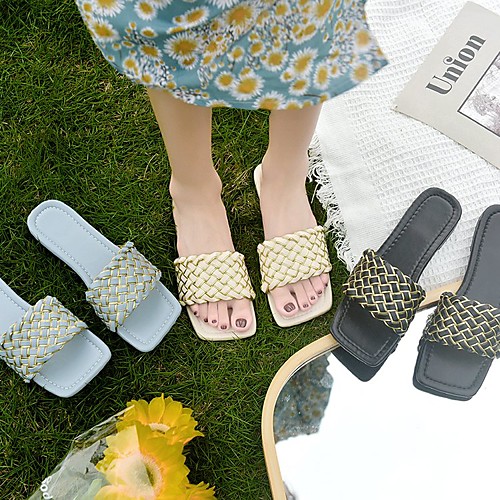 

Women's Sandals Flat Heel Square Toe PU Solid Colored Black Blue Beige