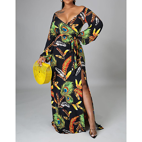 

Women's A Line Dress Maxi long Dress Blue White Black Long Sleeve Pattern Summer Casual 2021 S M L XL