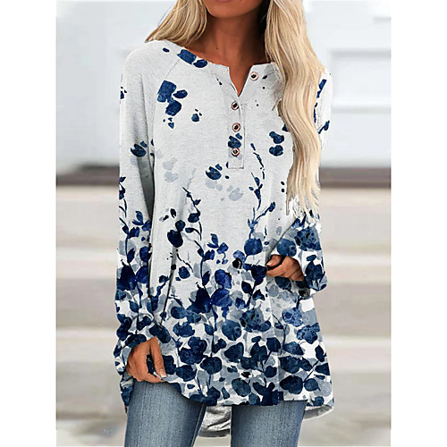 

Women's T shirt Leaf Long Sleeve Button Print Round Neck Basic Tops Blue Wine Green