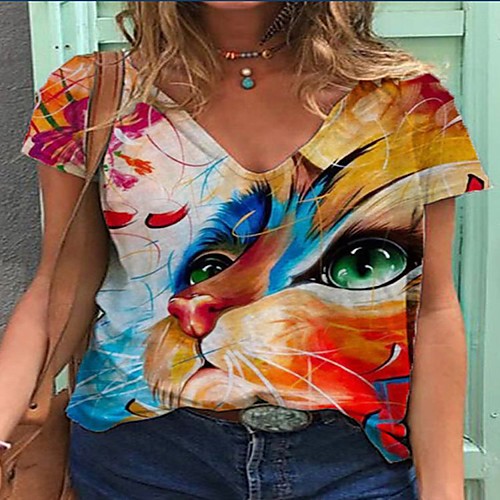 

Women's Floral Theme Abstract 3D Printed T shirt Floral Cat Animal Print Round Neck Basic Tops Blue Yellow Red