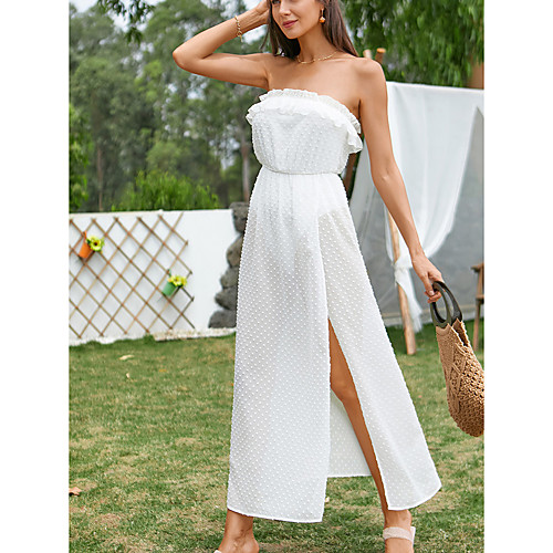 

Women's Shift Dress Maxi long Dress White Sleeveless Solid Color Split Lace Summer Off Shoulder Casual Holiday 2021 XS S M L