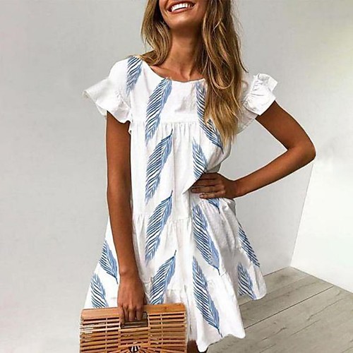 

Women's A Line Dress Knee Length Dress White Sleeveless Print Smocked Spring Summer Casual 2021 S M L XL XXL