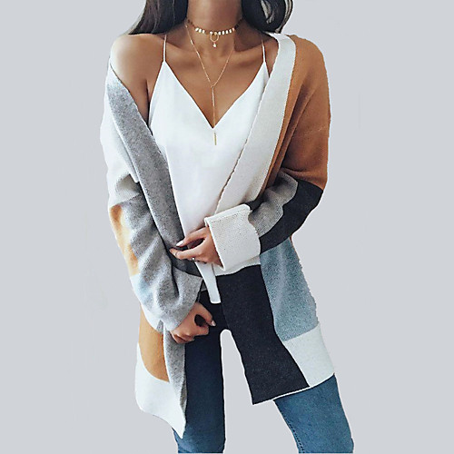 

Women's Plaid / Check Sweater Long Sleeve Sweater Cardigans V Neck khaki