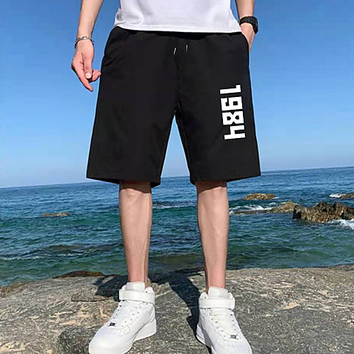 

Men's Shorts Sports Casual Daily Shorts Pants Letter Short Drawstring Pocket Print Black