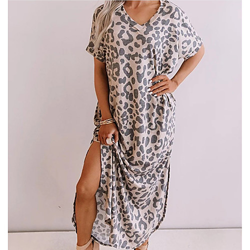 

Women's T Shirt Dress Tee Dress Maxi long Dress Blue Beige Short Sleeve Leopard Print Spring Summer Casual 2021 S M L XL