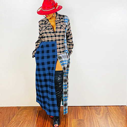 

Women's Swing Dress Maxi long Dress Blue Green Red Long Sleeve Plaid / Check Spring Summer Casual / Daily 2021 S M L XL 2XL