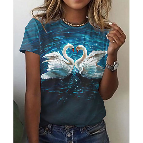 

Women's Painting T shirt Graphic Animal Print Round Neck Basic Tops Blue