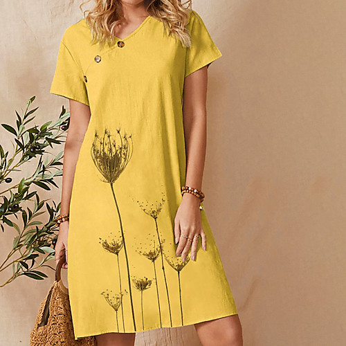 

Women's T Shirt Dress Tee Dress Knee Length Dress Yellow Short Sleeve Flower / Floral Spring Summer Casual 2021 S M L XL XXL XXXL 4XL