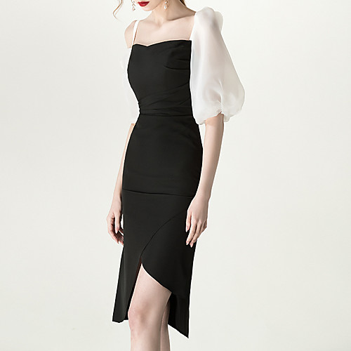 

Sheath / Column Little Black Dress Minimalist Party Wear Cocktail Party Dress One Shoulder Half Sleeve Asymmetrical Stretch Fabric with Sleek 2021