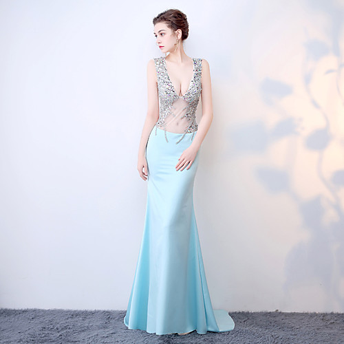 

Mermaid / Trumpet Glittering Sparkle Prom Formal Evening Dress V Neck Sleeveless Sweep / Brush Train Chiffon with Sequin 2021