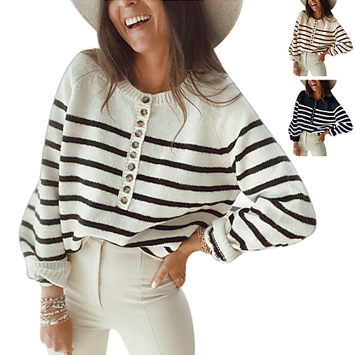 

Women's Stripes Cardigan Pullover Long Sleeve Sweater Cardigans Round Neck Navy White Apricot