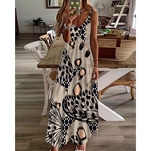 

Women's A Line Dress Maxi long Dress Beige Sleeveless Butterfly Animal Print Spring Summer V Neck Casual Holiday 2021 S M L XL XXL 3XL