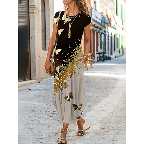 

Women's Shift Dress Maxi long Dress Photo Color Black Short Sleeve Butterfly Animal Pocket Print Spring Summer Round Neck Casual Holiday 2021 S M L XL XXL 3XL