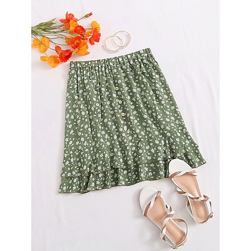 

Women's Daily Weekend Basic Streetwear Skirts Floral / Botanical Graphic Layered Ruffle Print Green