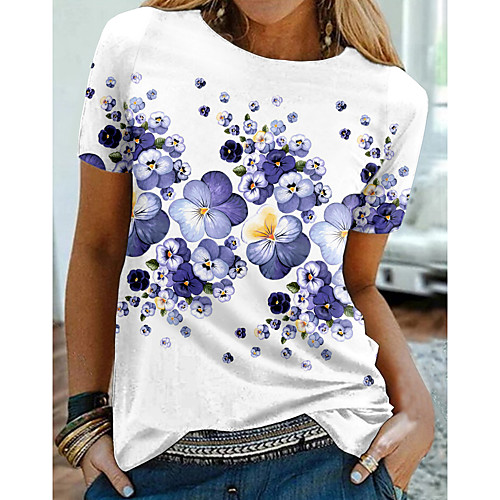 

Women's Floral Theme Abstract Painting T shirt Floral Graphic Print Round Neck Basic Tops Blue