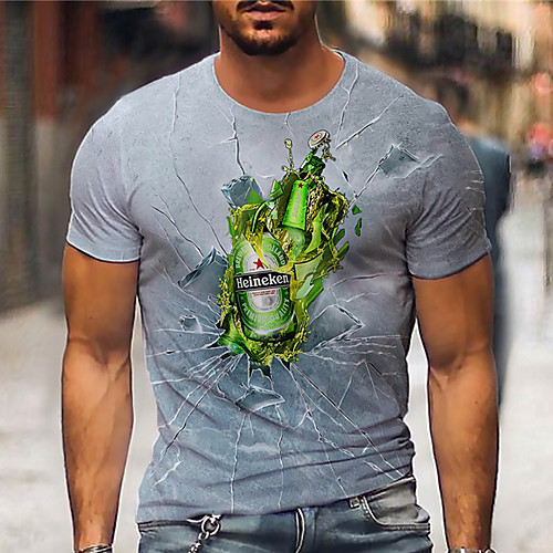 

Men's Tee T shirt Shirt 3D Print Graphic Prints Beer Print Short Sleeve Daily Tops Casual Designer Big and Tall Gray
