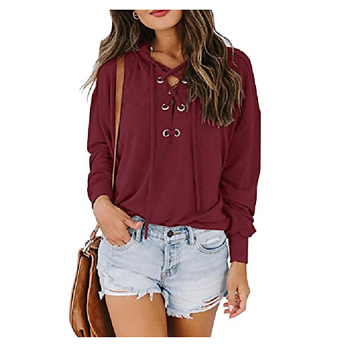 

Women's Pullover Hoodie Sweatshirt Plain Lace up Daily Basic Hoodies Sweatshirts Loose Wine Light Grey Black