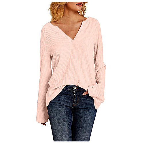 

Women's T shirt Plain Long Sleeve V Neck Basic Tops Blue Yellow Blushing Pink