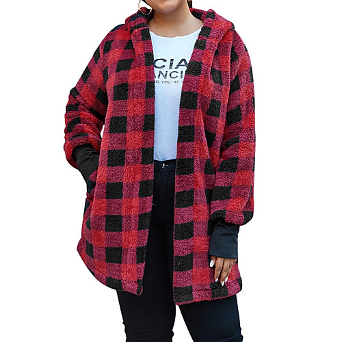 

Women's Plus Size Coat Pocket Button Plaid Long Hooded Vacation Fall Winter Red Big Size XL 2XL 3XL 4XL 5XL