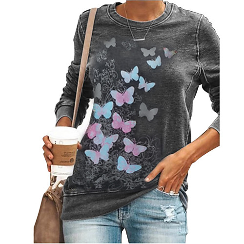 

Women's T shirt Butterfly Long Sleeve Print Round Neck Tops Basic Basic Top Black Blue Wine