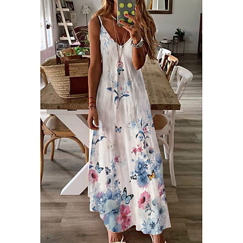

Women's Strap Dress Maxi long Dress Butterfly Blue flower White butterfly Dandelion Black Sleeveless Pattern Summer Casual 2021 S M L XL 2XL