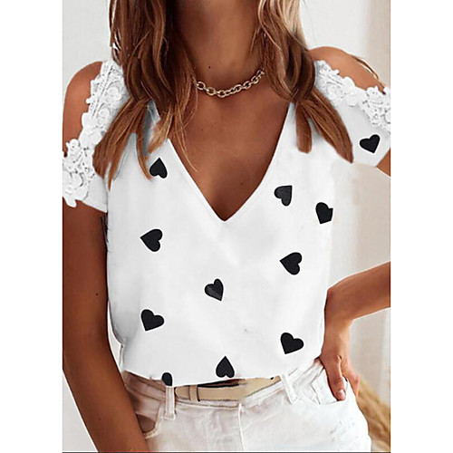 

Women's Painting T shirt Heart Feather Cut Out Lace Print V Neck Basic Tops White Black