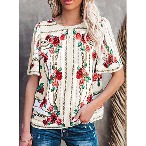 

Women's Floral Theme Painting T shirt Floral Graphic Print Round Neck Basic Tops White Blue Purple