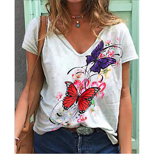 

Women's T shirt Butterfly V Neck Basic Tops White