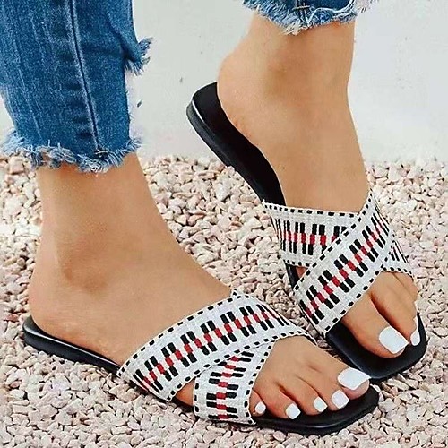 

Women's Sandals Outdoor Slippers Flat Heel Round Toe PU Check White Black