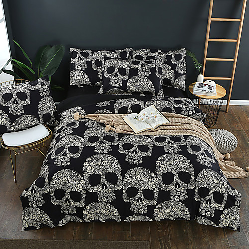 

Skull Bedding Set Black and White Floral Skull Skeleton Duvet Cover Set Microfiber Queen Size Bedding Quilt Cover 3 Piece(1 Duvet Cover 2 Pillow Shams)