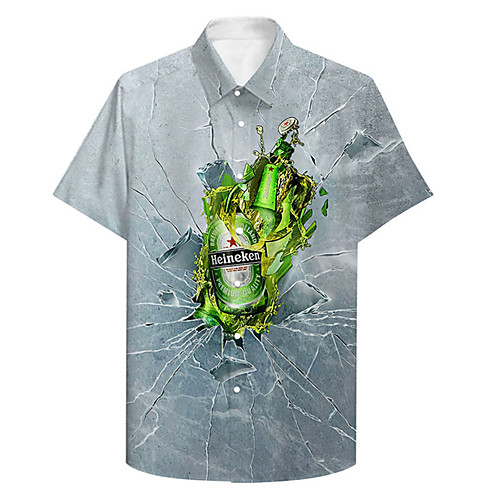 

Men's Shirt 3D Print Beer Plus Size 3D Print Button-Down Short Sleeve Casual Tops Casual Fashion Breathable Comfortable Gray