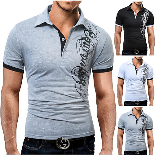 

Men's Golf Shirt Tennis Shirt Letter Button-Down Short Sleeve Street Tops Cotton Business Casual Comfortable Gray White Black