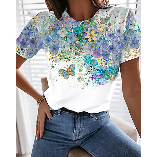 

Women's Floral Theme Butterfly Painting T shirt Floral Graphic Butterfly Print Round Neck Basic Tops Blue