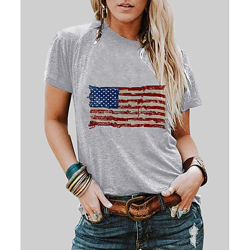 

Women's Painting T shirt USA American Flag Stars and Stripes Print Round Neck Basic Tops 100% Cotton Gray White Black