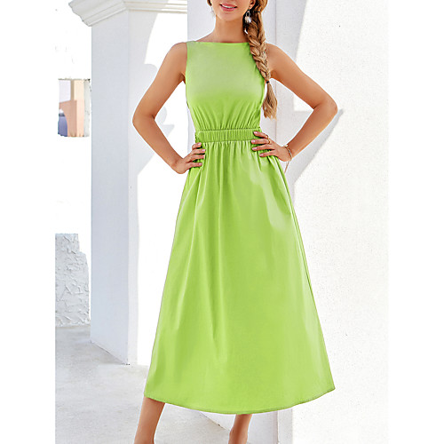 

Women's A Line Dress Midi Dress Green Brown Sleeveless Solid Color Fall Summer Round Neck Casual Holiday 2021 XS S M L / Cotton / Cotton