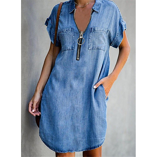 

Women's Denim Shirt Dress Knee Length Dress Blue Short Sleeve Solid Color Zipper Pocket Fall Spring Shirt Collar Casual Holiday 2021 S M L XL XXL 3XL / Cotton / Cotton