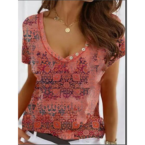 

Women's T shirt Floral Button U Neck Basic Tops Red