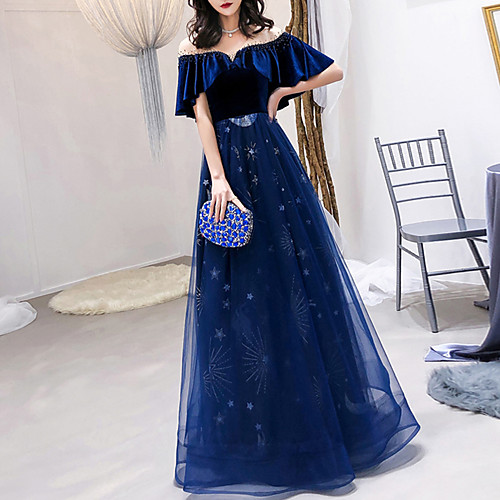 

A-Line Glittering Elegant Engagement Formal Evening Dress Illusion Neck Half Sleeve Floor Length Tulle Velvet with Crystals 2021
