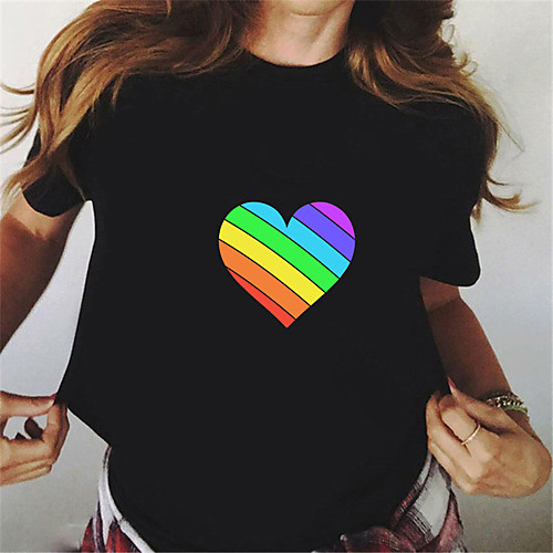 

Women's Painting T shirt Rainbow Heart Print Round Neck Basic LGBT Pride Tops White Black
