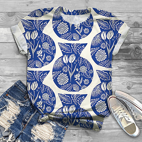 

Women's Plus Size Tops T shirt Floral Graphic Print Short Sleeve Crewneck Basic Summer Blue Big Size XL XXL 3XL 4XL 5XL