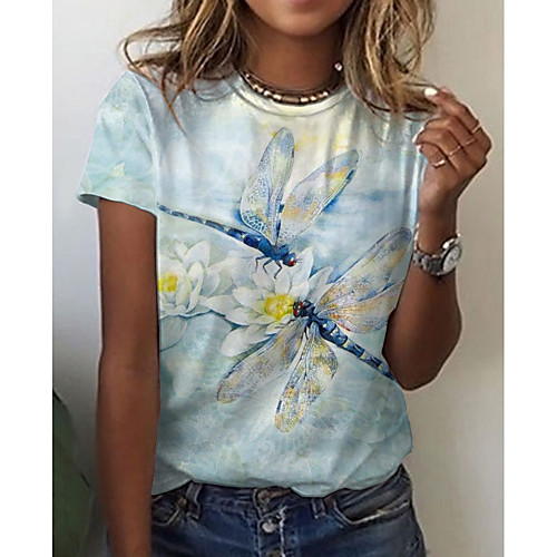 

Women's Floral Theme Abstract Painting T shirt Floral Animal Print Round Neck Basic Tops Blue