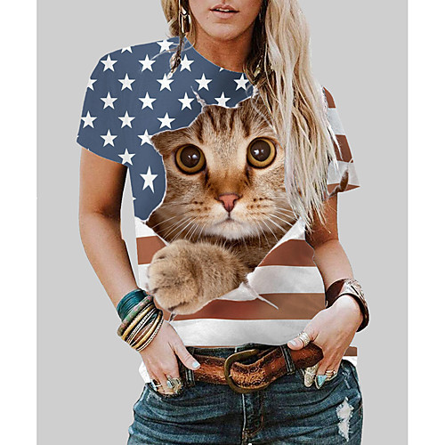 

Women's 3D Cat Painting T shirt Cat 3D American Flag Print Round Neck Basic Tops Blue