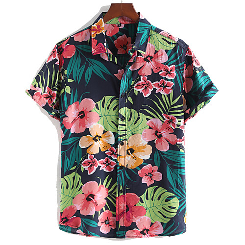 

Men's Shirt Floral Button-Down Short Sleeve Casual Tops 100% Cotton Lightweight Casual Fashion Breathable Rainbow