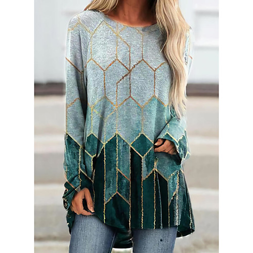 

Women's Geometric Painting T shirt Color Block Geometric Long Sleeve Print Round Neck Basic Tops Purple Gray Green