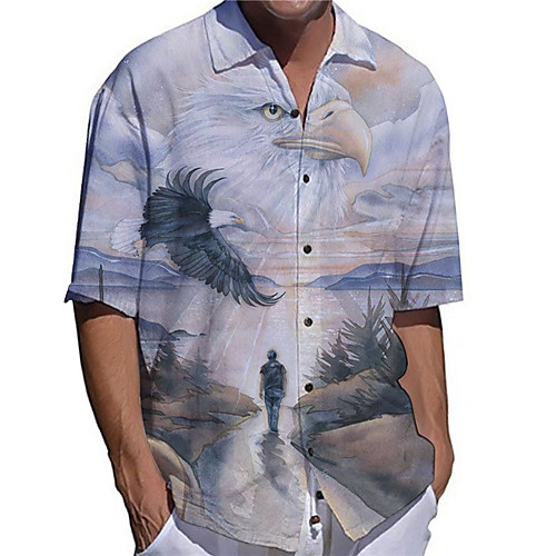 

Men's Shirt 3D Print Eagle Animal Plus Size 3D Print Button-Down Short Sleeve Casual Tops Casual Fashion Breathable Comfortable Light Blue / Sports