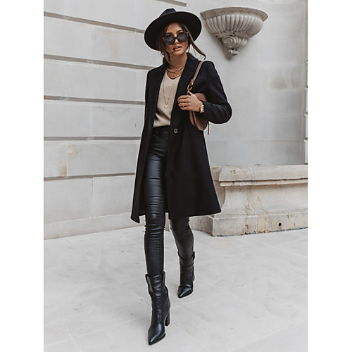 

Women's Coat Daily Fall Winter Regular Coat Shirt Collar Regular Fit Casual Jacket Solid Color Fashion khaki off-white / Spring
