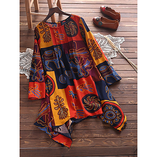 

Women's Plus Size Tops Blouse Shirt Print Tribal Short Sleeve Round Neck Fall Summer Orange Red Dark Blue Big Size L XL XXL XXXL 4XL